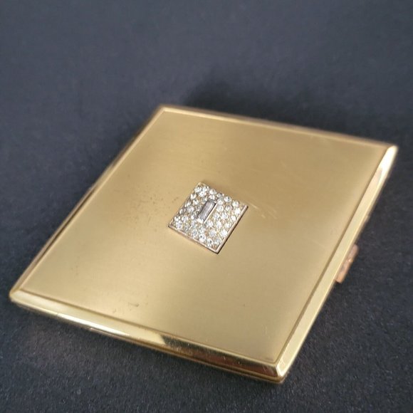 Women's Vintage Compact Makeup Mirror Jeweled Gold Hinged Folding 4" x 3" - Picture 2 of 9